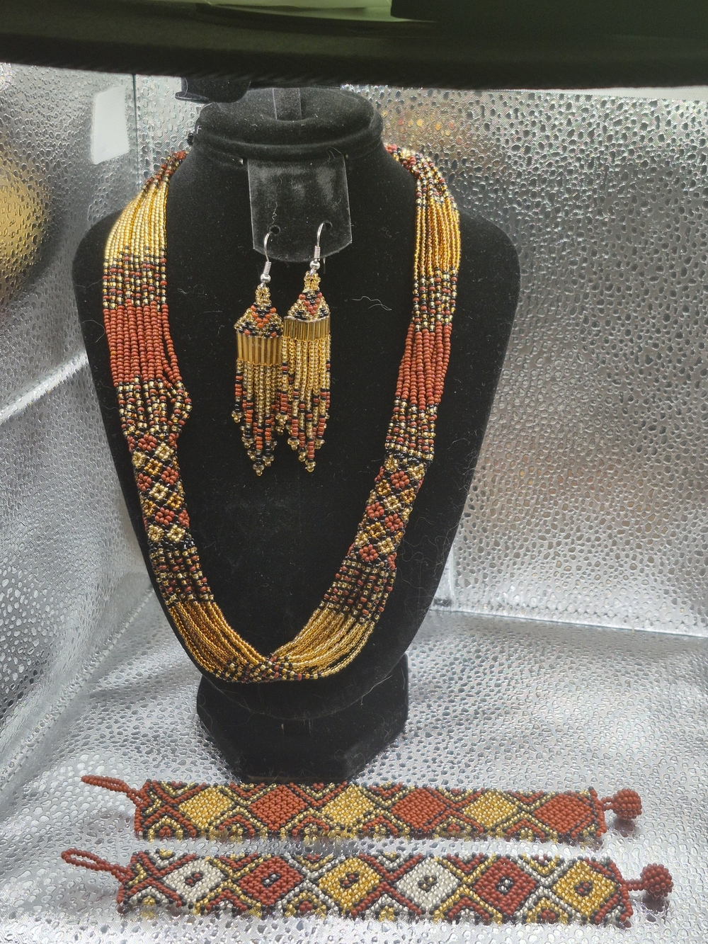 Handcrafted Seed Beaded Necklace, Earrings And Two Bracelets
